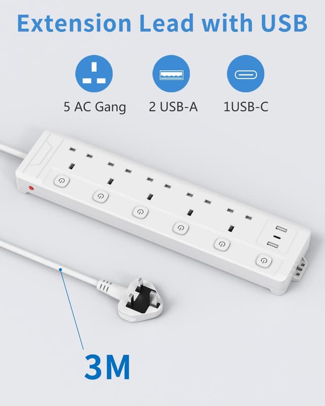 Detalle 2 de 3M 5 Gang Extension Lead with 3 USB, 3m ๐