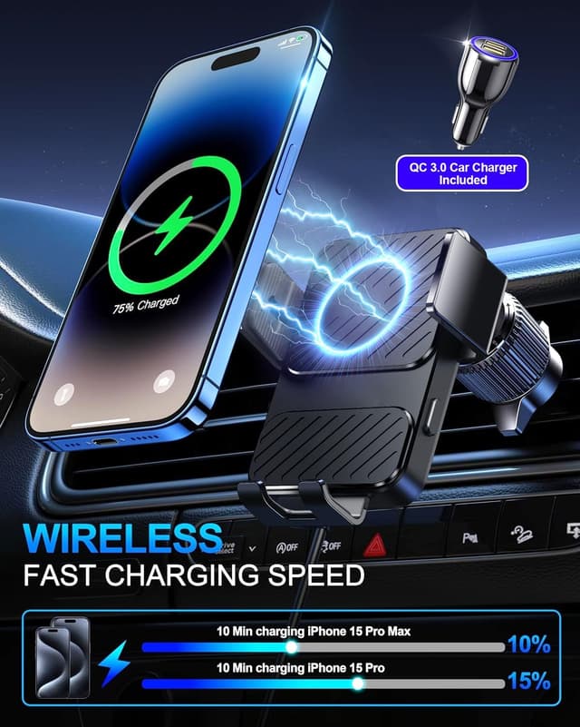 Detalle de Guceful Wireless Car Charger (15W) + Auto-Clamping Air Vent Phone Mount