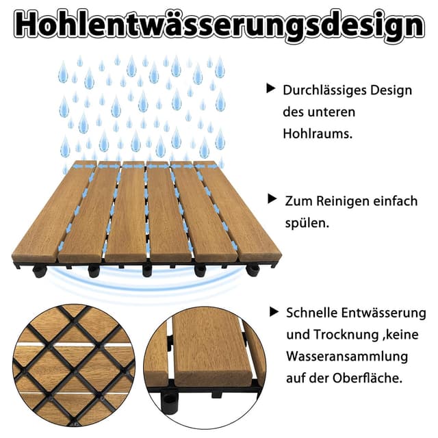 Detalle de Aufun Holzfliesen Terrassenfliesen aus Akazienholz mit Klicksystem, 30 x 30 cm (Modell A, 11 Stück) – ca. 1 m²
