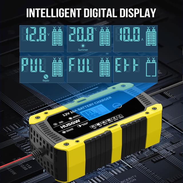 Thumbnail 6 de Caricabatterie auto e moto 12V 10A con display LCD e multi-protezioni (modalità CAR, AGM, MOTO, LiFePO4, REPAIR) – Giallo 10A