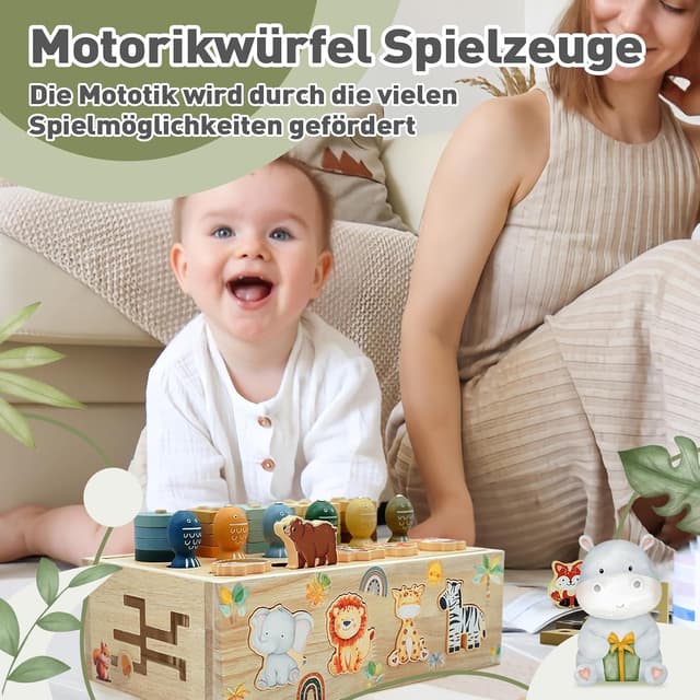 Detalle 2 de Montessori Safari Motorikwürfel aus Holz (ab 1 Jahr) – 9-in-1 Motorikspielzeug