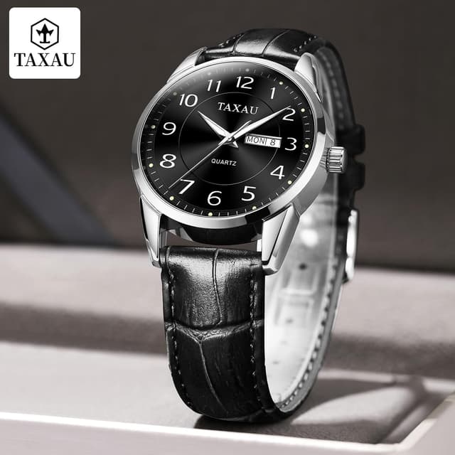 Detalle 2 de Taxau klassische Lederuhr für Herren mit Analog-Quarzwerk, Big Dial, 41 mm, wasserdicht bis 30 m