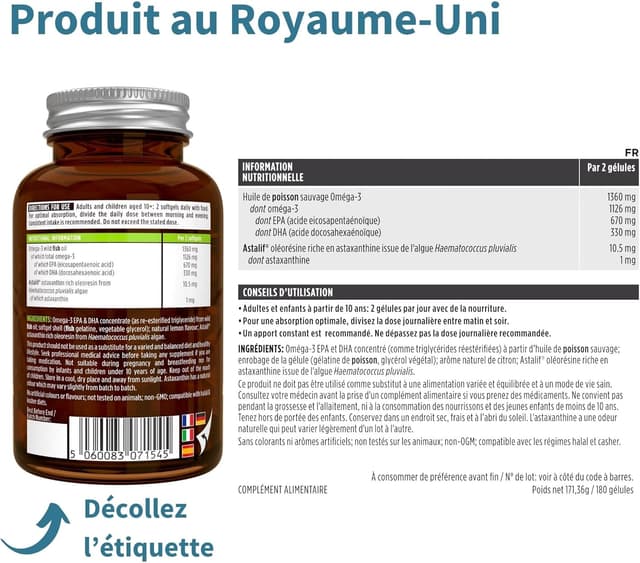 Detalle 2 de Igennus Omega-3 Huile de poisson sauvage rTG + astaxanthine (180 capsules) certifié IFOS
