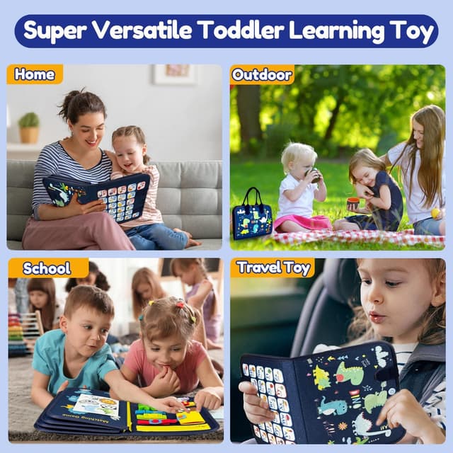 Detalle 2 de Qizfun Toddler Busy Board Montessori Toys (Dinosaur, 8-Page Sensory Busy Book) for Car & Airplane Travel