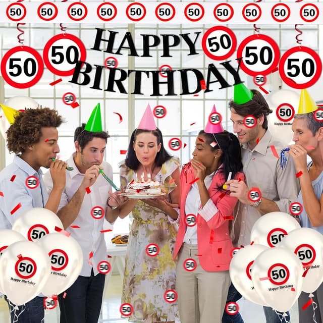 Detalle de WenmthG Deko zum 50. Geburtstag mit Verkehrsschild-Design (Girlande, Luftballons, Luftschlangen, Konfetti)
