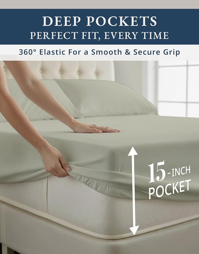 Detalle de Lane Linen 100% Egyptian Cotton California King Bed Sheet Set (16" Deep Pocket) — Mineral