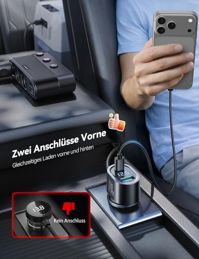 Detalle de JOYROOM 179W Zigarettenanzünder Verteiler (7-in-1) mit PD30W USB‑C, 3x 12V/24V-Steckdosen und LED-Voltmeter