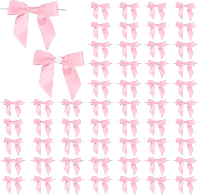 Detalle de KASURE 60 Stück Schleifen Weihnachtsbaum in Rosa – kleine Satinschleifen mit Draht zum Basteln & Verpacken