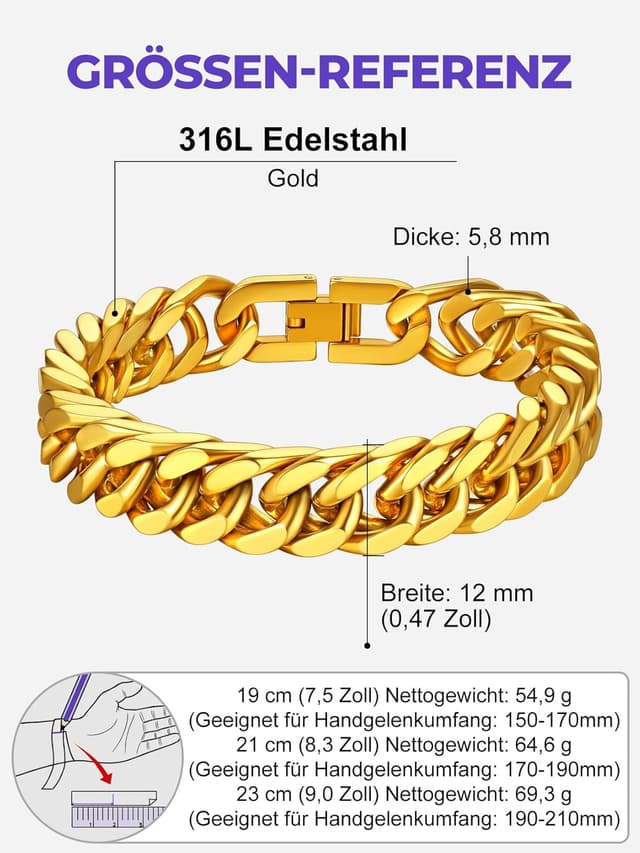 Detalle de Richsteel Herren-Armband aus Edelstahl „Cuban Gliederarmband“ in Silber, Gold oder Schwarz (8/12/17 mm, 19/21/23 cm) mit Geschenkbox