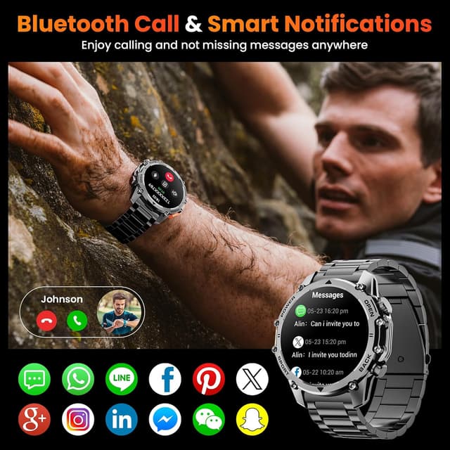 Detalle 2 de Hwagol Military Smart Watch for Men (1.52" HD) with Heart Rate/SpO2, Sleep Monitor and Torch