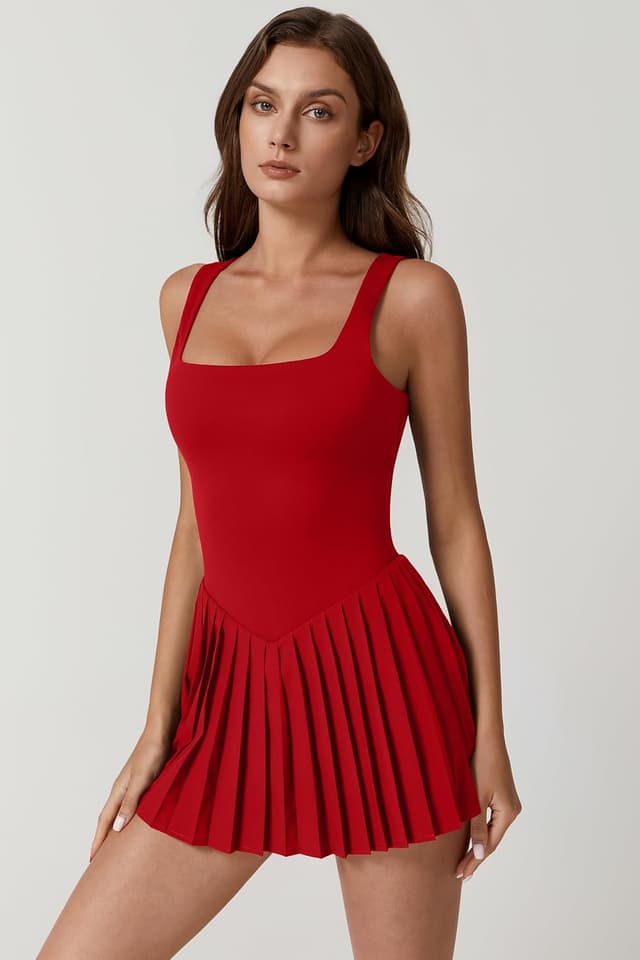 Detalle de QINSEN Women’s Square Neck Tennis Dress with Built-In Shorts and Pockets