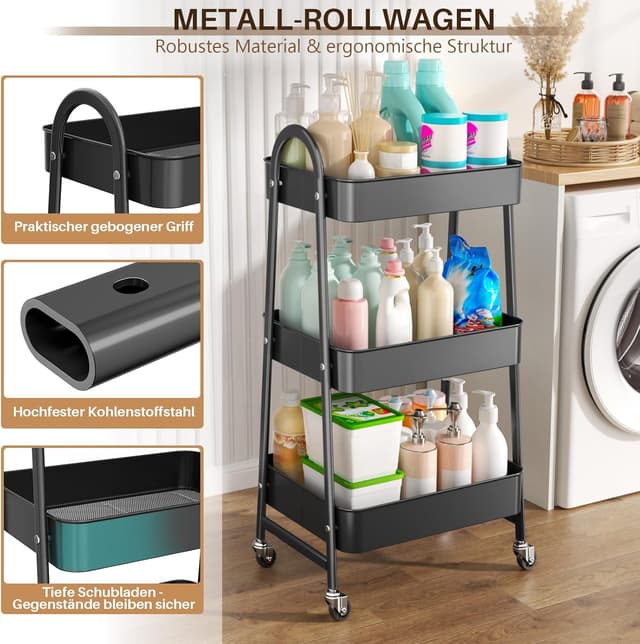 Detalle 2 de StowBin 3-stöckiger Metallrollwagen in Schwarz – schmaler Rollwagen für Küche, Bad & Arbeitszimmer