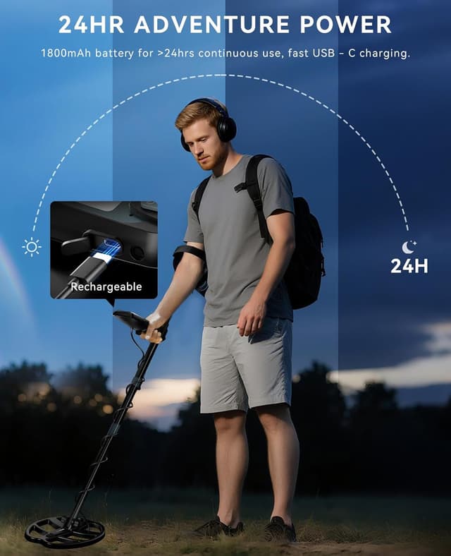 Detalle de SUNPOW Professional Rechargeable Metal Detector for Adults (11" Dual-D Coil, USB-C Fast Charge, IP68)