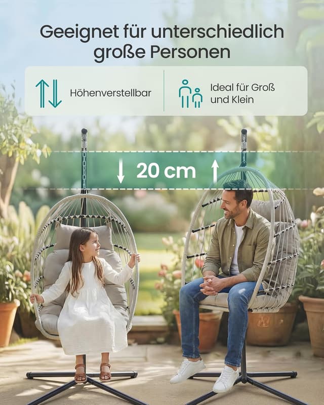 Detalle de SONGMICS Hängesessel mit Gestell GDC050WZ01 – höhenverstellbarer Korb, klappbar & abnehmbar