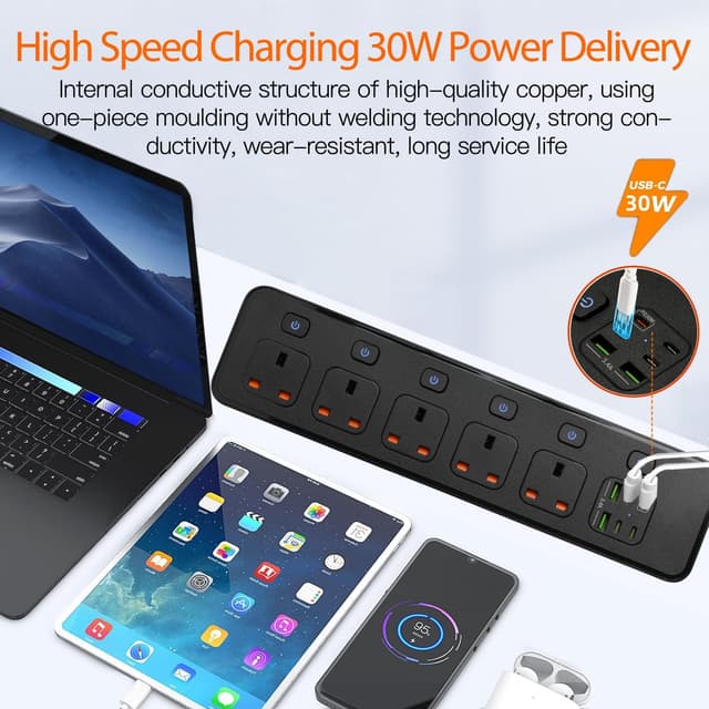 Detalle 2 de BOCHLION 6 USB Ports 5-Way Extension Lead with PD30W Socket