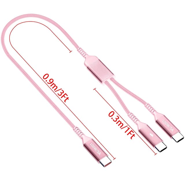 Detalle de USB-C Kabel 1,2 m Rosa – Multi 2-in-1 (bis 100 W) USB-C zu Dual-USB-C, geflochten