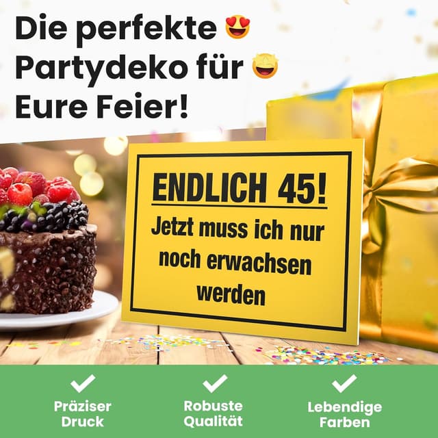 Detalle 2 de DankeDir! Endlich Fünfundvierzig Schild 30 x 20 cm