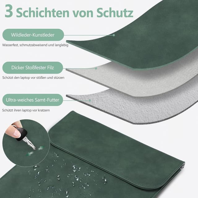 Detalle de HYZUO 15-inch laptop sleeve case bag in faux suede leather (Midnight Green)