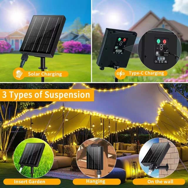 Detalle 2 de RJEDL Catena luminosa esterno solare 53m con 500 LED e telecomando 8 modalità, IP65