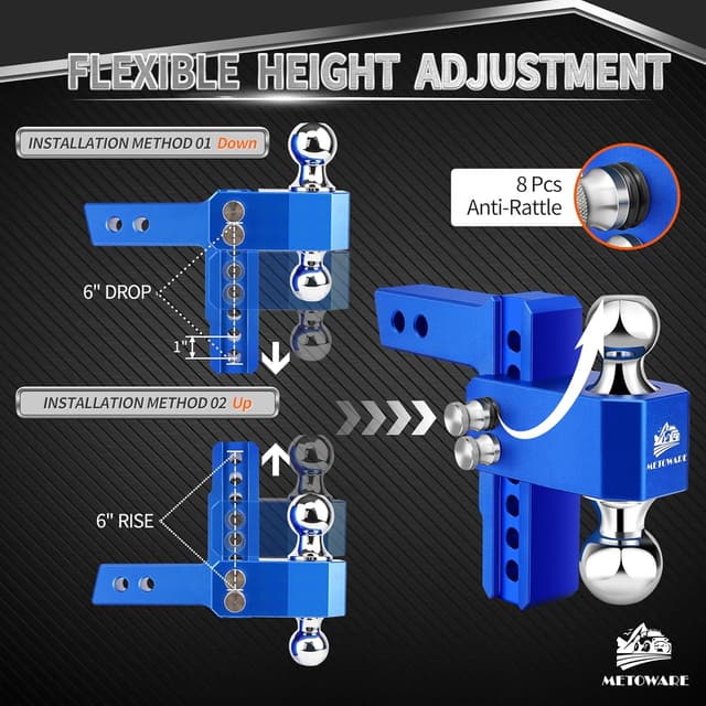 Detalle de METOWARE Adjustable Trailer Hitch (Aluminum) for 2-Inch Receiver, 6-Inch Drop/Rise, Dual Ball, 14,000 lbs GTW