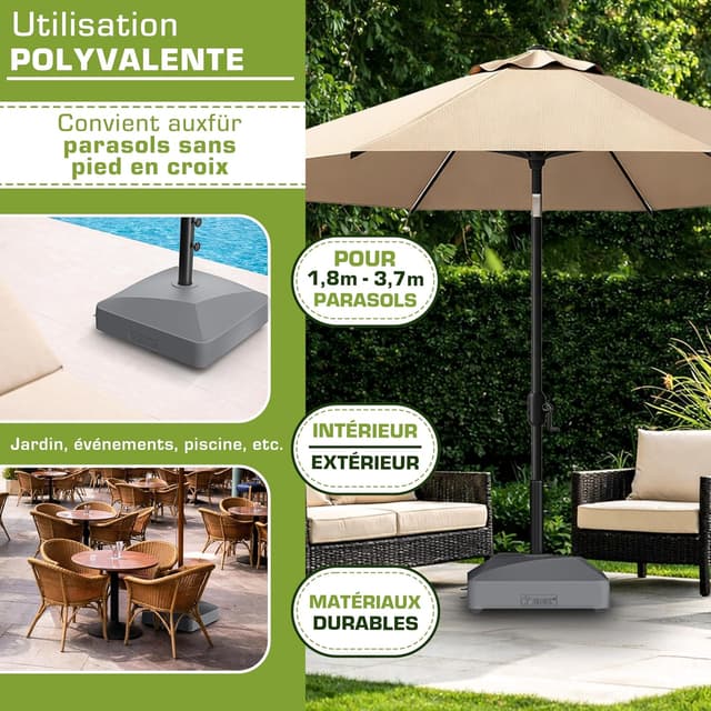 Detalle de Pied de parasol tillvex® GRAVIA à roulettes et freins (remplissage 37 L / jusqu’à 56 kg) pour mât Ø 1,8 à 3,7 m