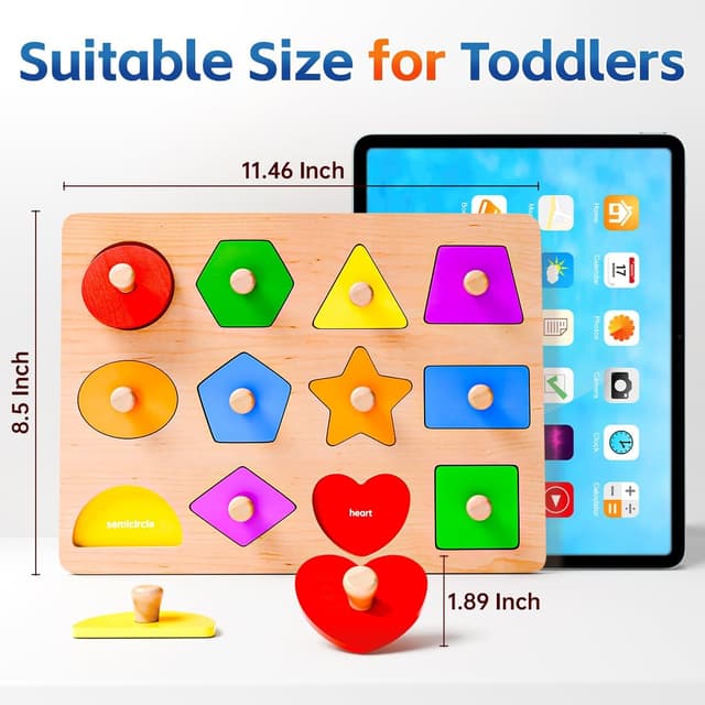 Detalle 2 de Wooden Shape Peg Puzzles for Toddlers (12–24 Months) – Montessori-style shape sorter & colour match wooden board