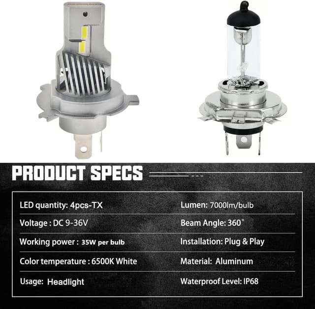 Detalle 2 de SageSunny Exclusive H4 (P43T) LED 24V truck headlight bulbs – 70W, 14000lm, 6500K pure white, set of 2