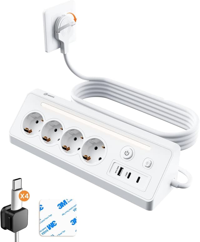 Detalle de Honizer 7-in-1 Desktop Steckdosenleiste mit 90° Ecksteckdose, 2 Schaltern, 4× Schuko & USB-A/2× USB-C