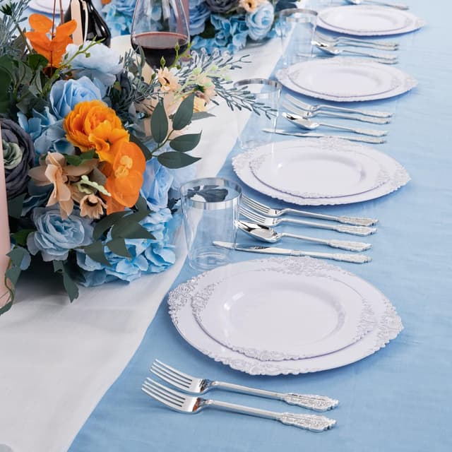 Detalle 2 de Hioasis 100pcs White Silver Plastic Plates (10.25in) — Disposable Heavy-Duty Dinner Plates for Thanksgiving and Holiday Gatherings