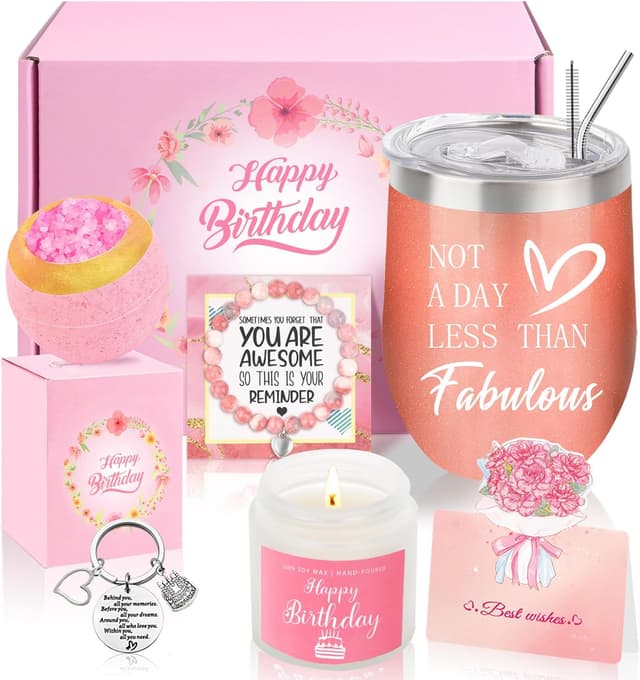 Detalle de WITCOLOR Birthday Gifts for Women gift hamper box with tumbler, soy wax candle, bath bomb & more