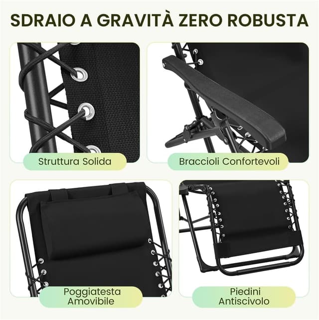 Detalle de Yaheetech Set di 2 sedie a sdraio pieghevoli a gravità zero con vassoio rimovibile, nero
