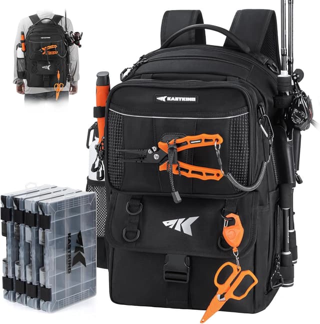 Detalle de KastKing BaitSpace 50L Fishing Tackle Backpack (Removable Bait Binder, 2 Rod Holders)