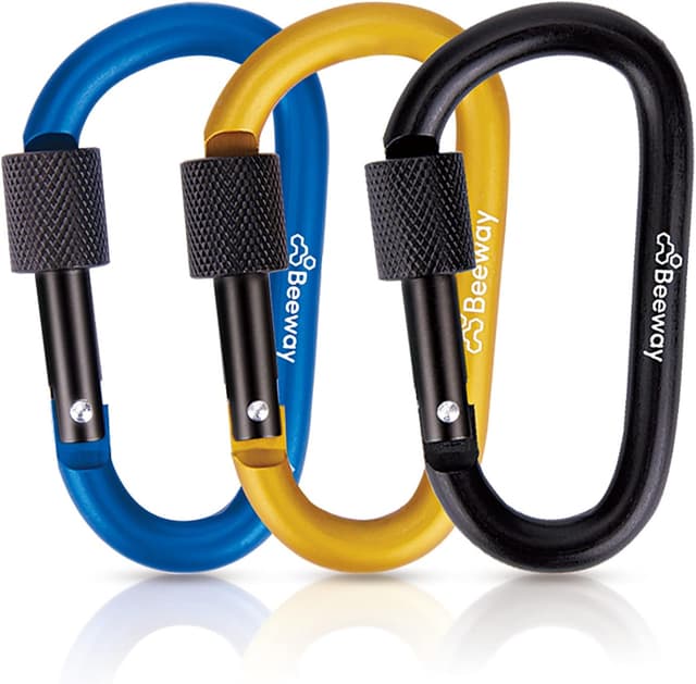Detalle de BEEWAY Locking Carabiner (Premium Aluminium Alloy D-Ring) – 3 Pack Key Chain Clip Hooks