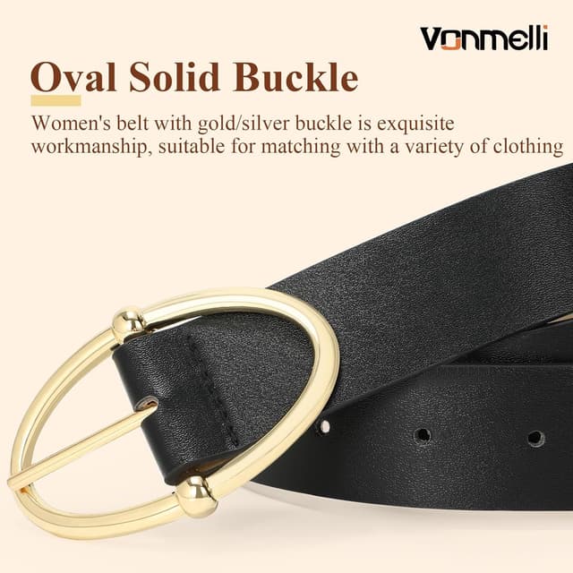 Detalle de VONMELLI PU leather women’s belt for jeans with oval silver or gold buckle
