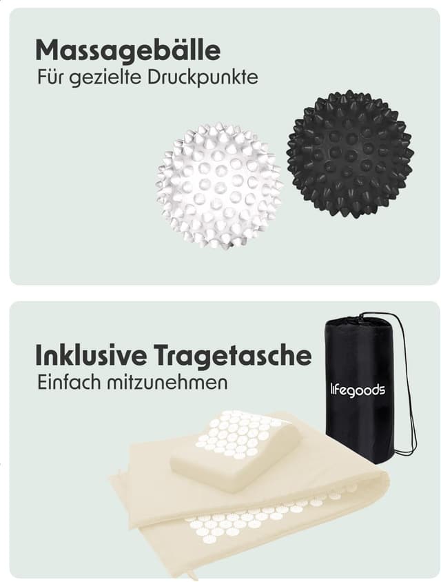 Detalle 2 de LifeGoods Akupressurmatte XL mit Kissen – Akkupressurmatte gegen Verspannungen in Rücken, Nacken & Schultern