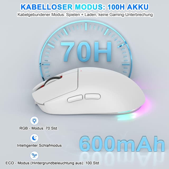 Detalle de Azmall 3-Modus kabellose Gaming-Maus (BT 5.3/2,4 GHz/USB‑C) – 8.000 DPI, 7 Tasten, RGB, Jiggler