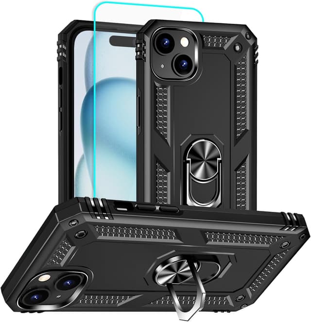 Detalle de Aozuoton iPhone 15 Case (Black) with Screen Protector, 360° Rotatable Kickstand and Shockproof Design