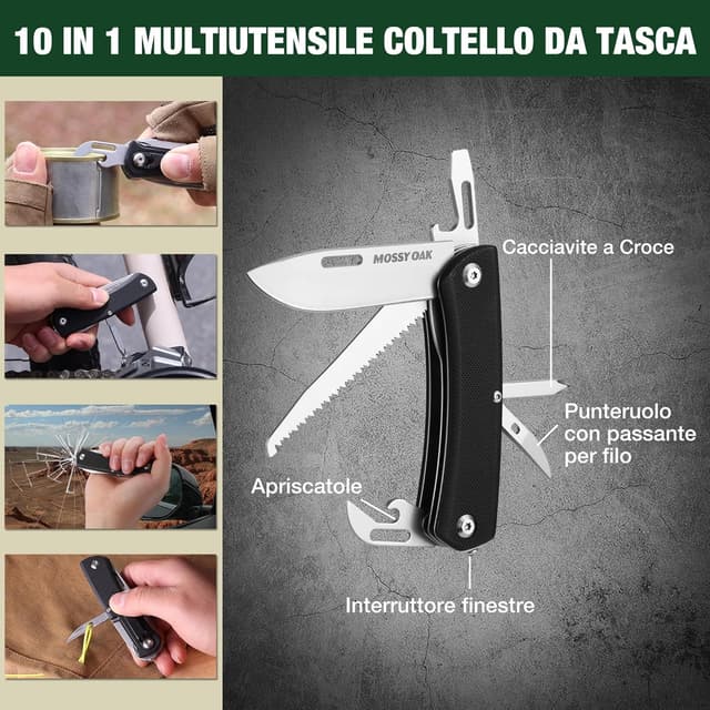 Detalle de Mossy Oak Coltello multiuso 10 in 1 Mossy Oak, inox con manico in G10