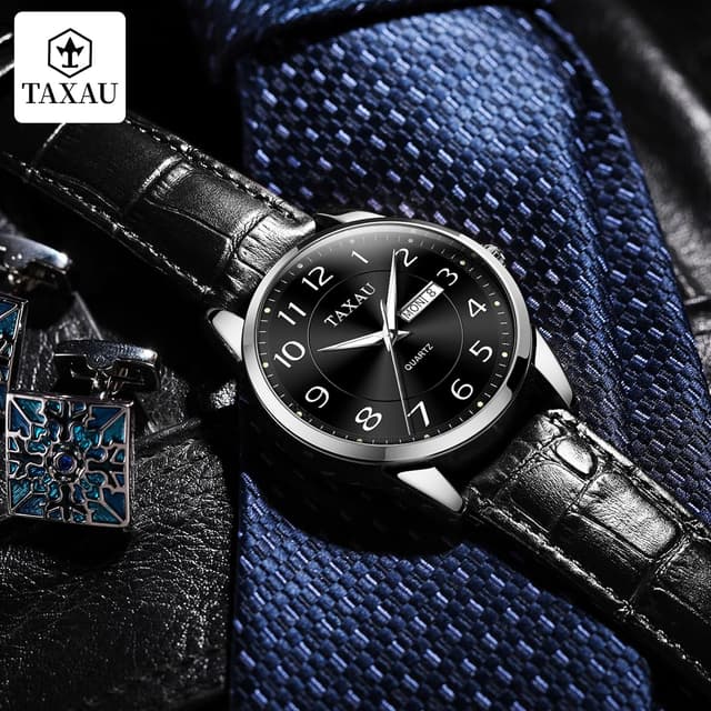 Thumbnail 6 de Taxau klassische Lederuhr für Herren mit Analog-Quarzwerk, Big Dial, 41 mm, wasserdicht bis 30 m