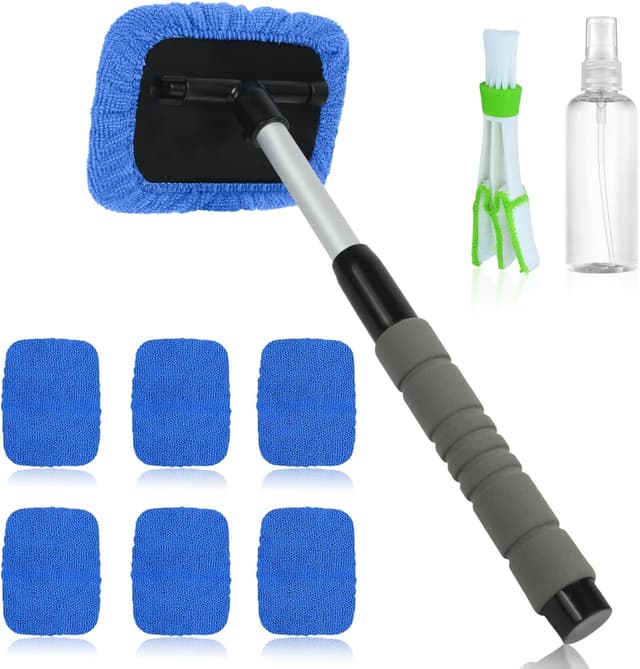 Detalle de AMFUN 7-Piece Car Windscreen Cleaner Kit with Extendable Handle, 6 Microfibre Pads & Spray Bottle
