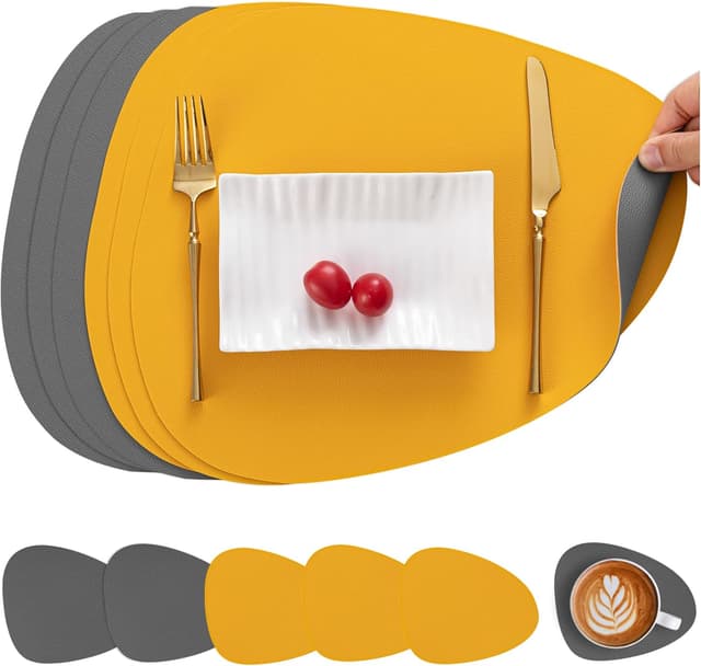 Detalle de Myir JUN Tischsets aus Kunstleder (PVC) & Untersetzer – doppelseitig, abwaschbar, rutschfest, Set mit 6