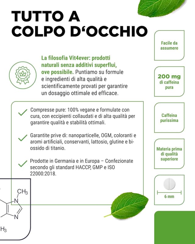 Detalle de Compresse di caffeina da 200 mg ciascuna – 500 compresse, 200 mg caffeina anidra (vegane) vit4ever