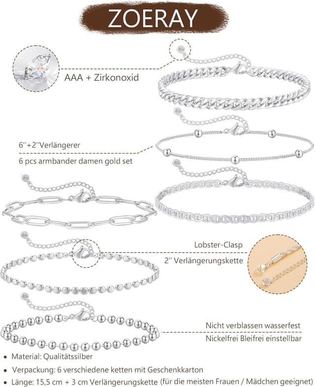 Detalle 1 de ZOERAY Armband Set Damen Wasserfest 18K