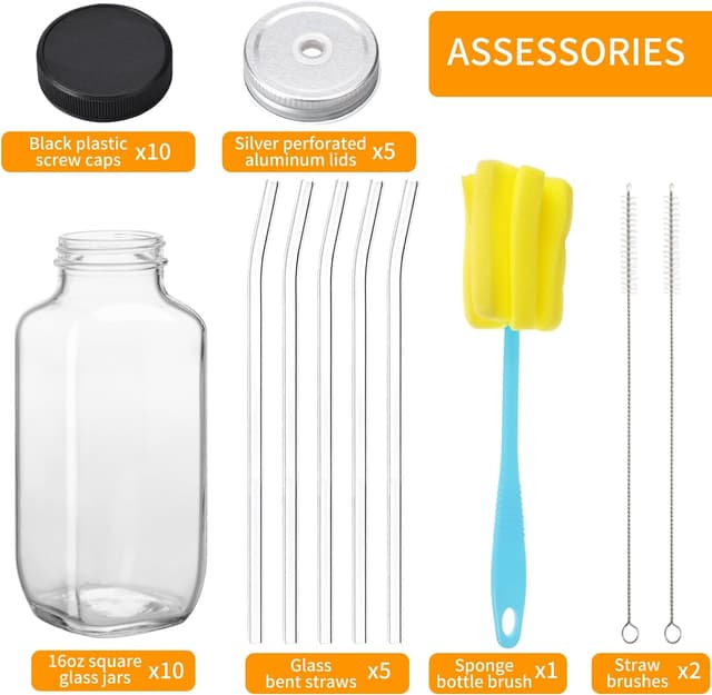 Detalle de CUCUMI 10pcs 16oz Glass Juice Bottles with Lids (Reusable Drinking Jars, Straws & Cleaning Brush Set)