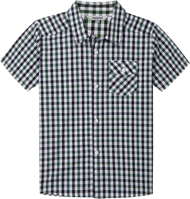 Detalle de Bienzoe Boys Checked Shirt for Son – Kids short sleeve button-up for school, church and parties