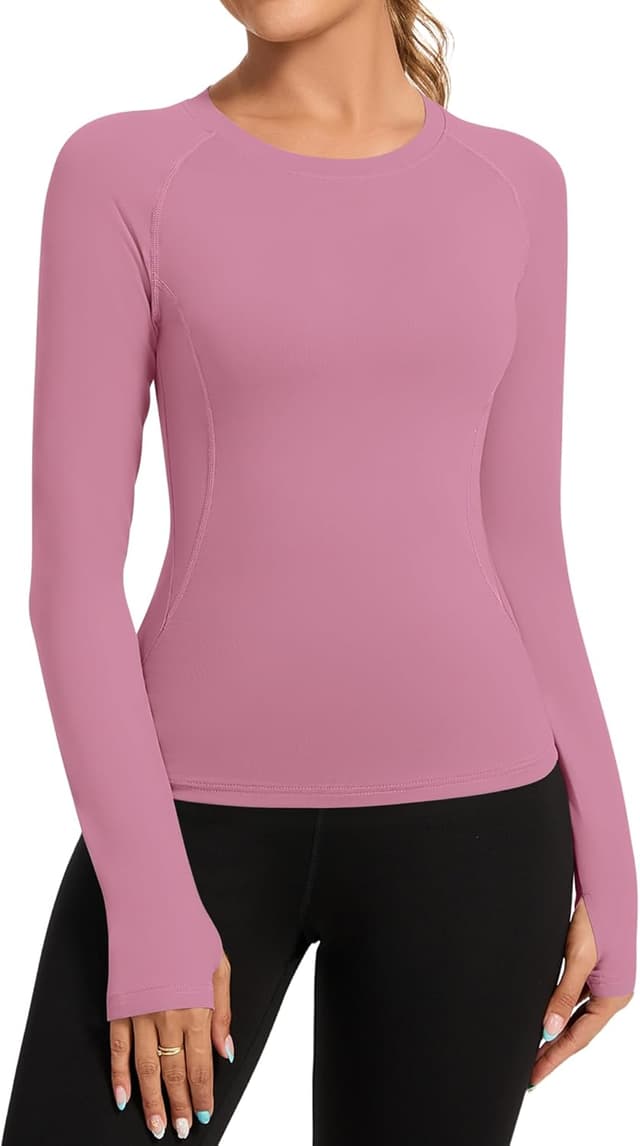 Detalle de Rapbin Damen Sportshirt Langarm – Rundhals Funktions-Top für Gym, Yoga & Running