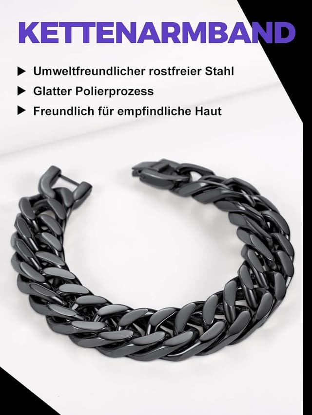 Detalle de Richsteel Herren-Cuban-Gliederarmband Armband aus Edelstahl in Silber, Gold & Schwarz – Breite 8/12/17 mm, Länge 19/21/23 cm
