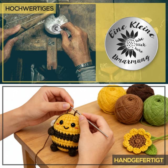 Detalle de Tixlux Pocket Hug Fröhliche Biene mit Sonnenblumenstrauß – Strick-Dekofigur & Umarmungs-Glücksbringer