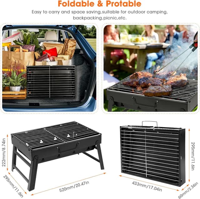 Detalle de AGM Holzkohlegrill Picknickgrill aus Edelstahl – kompakter tragbarer BBQ für Camping, Garten & Balkon