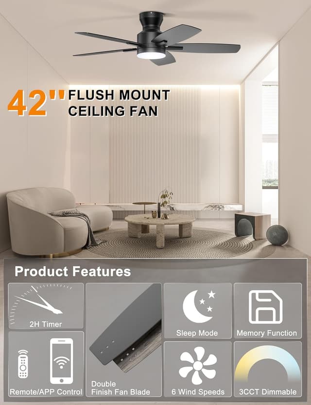 Detalle de Ohniyou 52" Low Profile Ceiling Fan with Light ๐